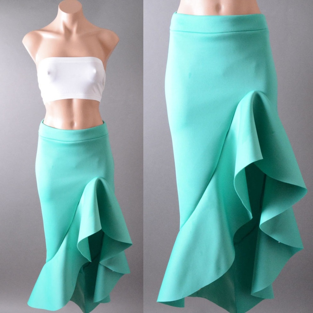Womens Ruffle Green Asymmetrical Long Maxi Skirt